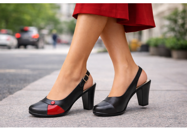 Pantofi eleganți de damă, tip slingback, cu toc gros stabil și design modern în combinație negru-roșu. Ideali pentru ținute office sau casual.